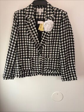 NWT Carlucci BLACK WHITE HOUNDSTOOTH FRINGE BLAZER JACKET LARGE ( Pin removable)